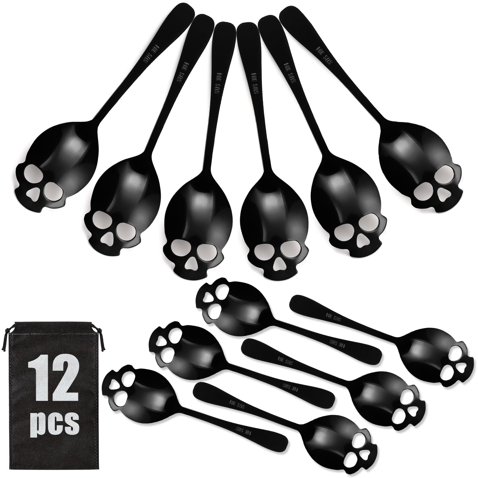 12 Pack Halloween Skull Teaspoons, 6-inch Black Gothic Skull Spoons, Stainless Steel Skull Coffee,Tea, Sugar Stirring Spoon for Halloween Coffee Bar Decor Sugar Dessert Spoons for Kitchen Accessories