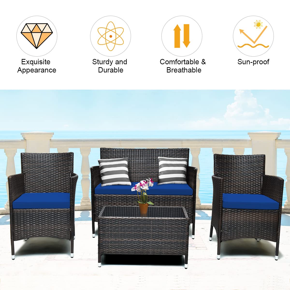 COSTWAY 4PCS Rattan Patio Furniture Set, Outdoor Wicker Rattan Chairs with Coffee Table, Rattan Cushioned Conversation Set for Backyard Balcony Porch Poolside, Navy