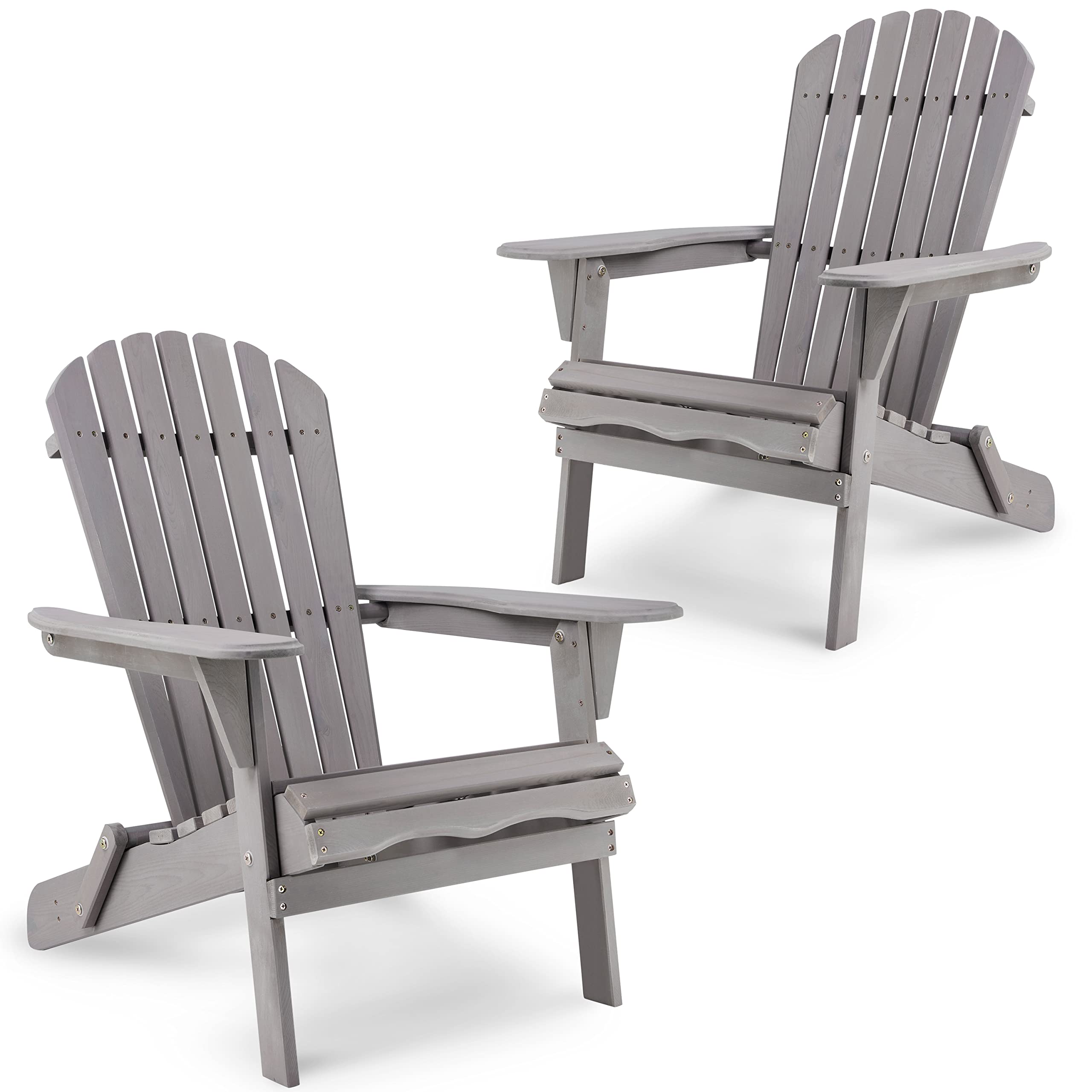 Fastroby Folding Adirondack Chair Set of 2 Solid Wood, 300 LBS Outdoor Patio Chairs Set of 2, Tall Comfortable Fire Pit Chair for Garden/Yard/Patio/Lawn, Grey