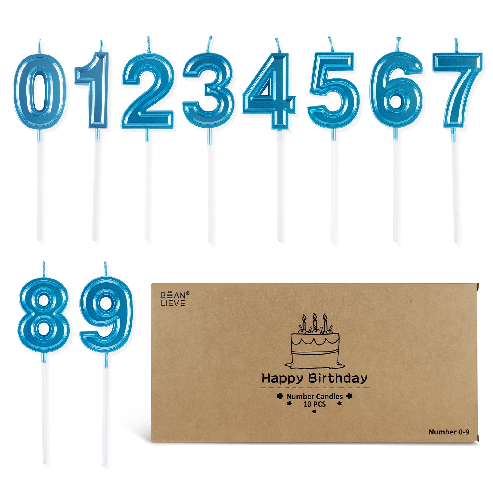 BEAN LIEVE Blue Number Candles - 10-Pcs Number Birthday Candles, Cake Number Candles, Numeral Birthday Candles, Numeric Candles Number 0 1 2 3 4 5 6 7 8 9 Used for Party Celebration