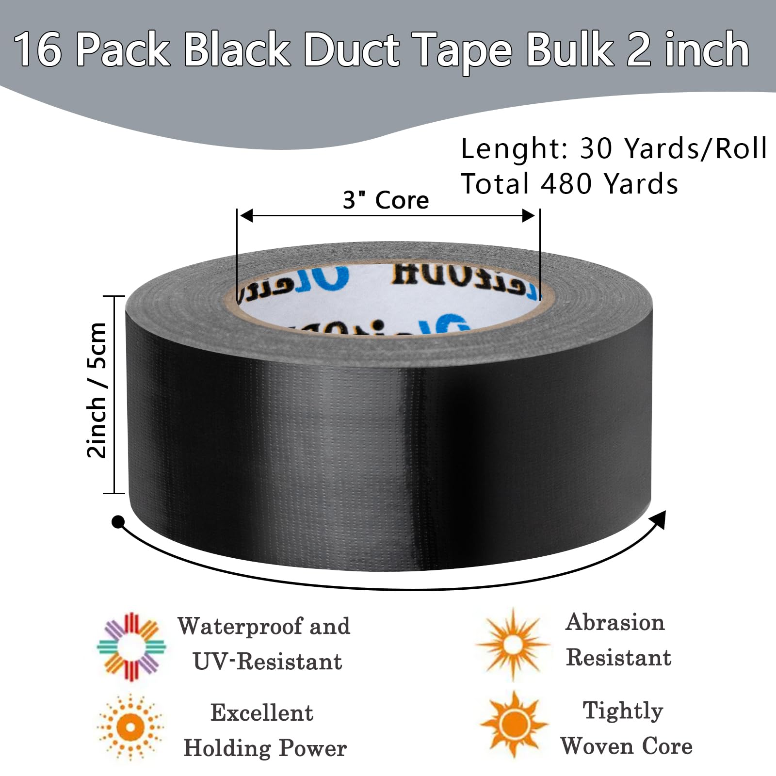 16 Pack Black Duct Tape Bulk 2 inch Duct Tape Heavy Duty 30 Yards Each,Strong No Residue All-Weather Duct Tape, Tear by Hand, Multi-Use for Indoor & Outdoor Repairs, Industrial, Professional Use