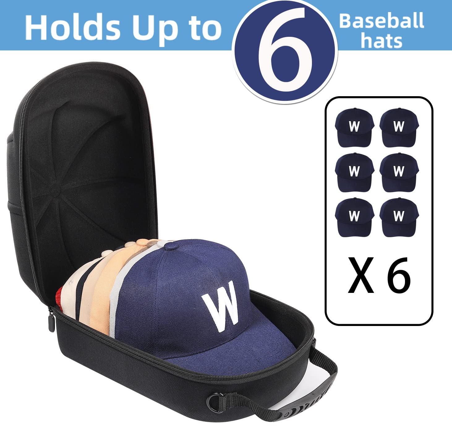 Hat case for Baseball Cap, Hard hat Travel case, caps Holder, Baseball Hat Organizer, Holding up to 6 caps for Travel and Home Storage Black