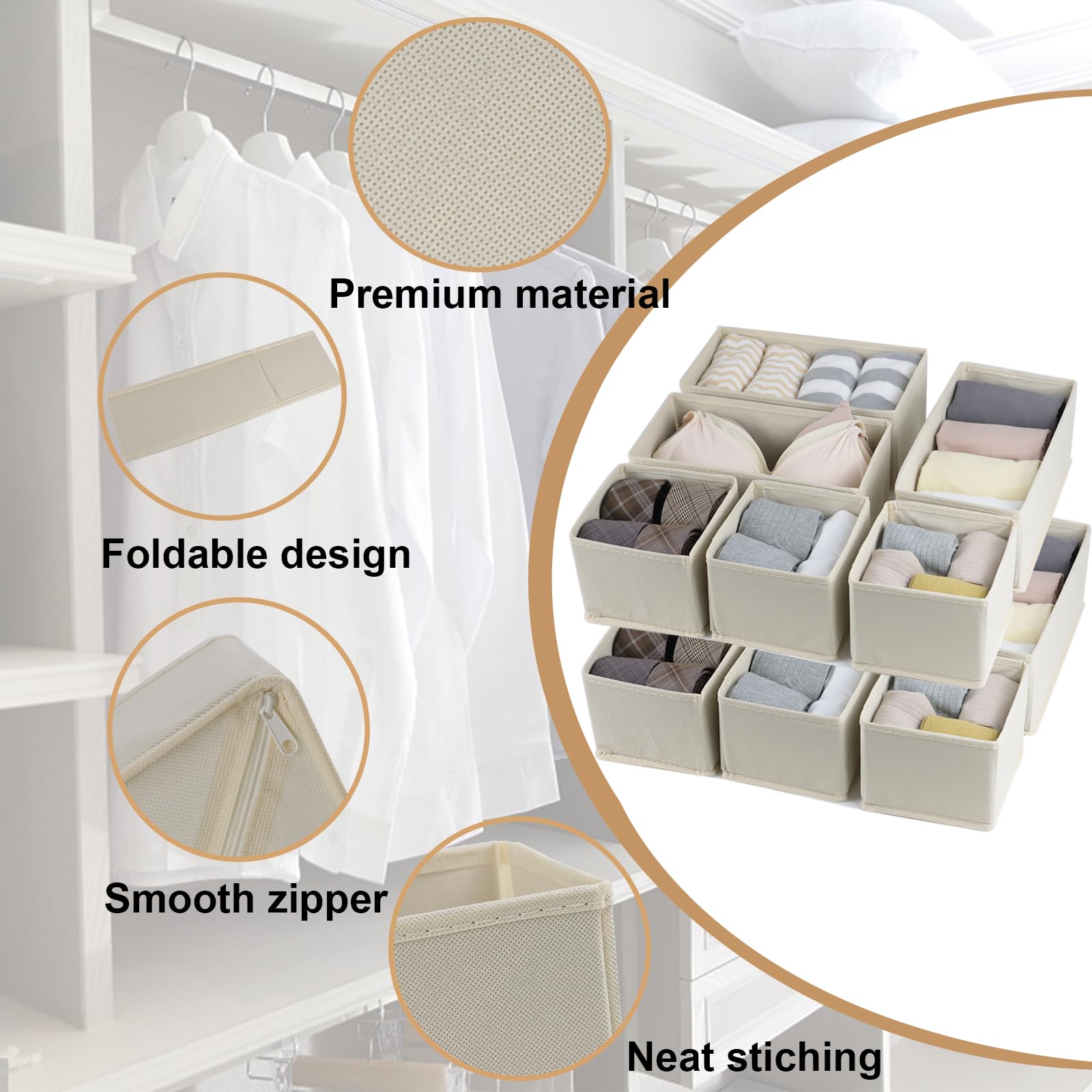 Fordonral Set of 12 Drawer Organizer, Fabric Closet Organizer and Storage Baskets,Foldable Drawer Divider for Clothing,Sock,Ties,Underwear Drawer Organizers,Set of Cabinet Storage Boxes (Beige)