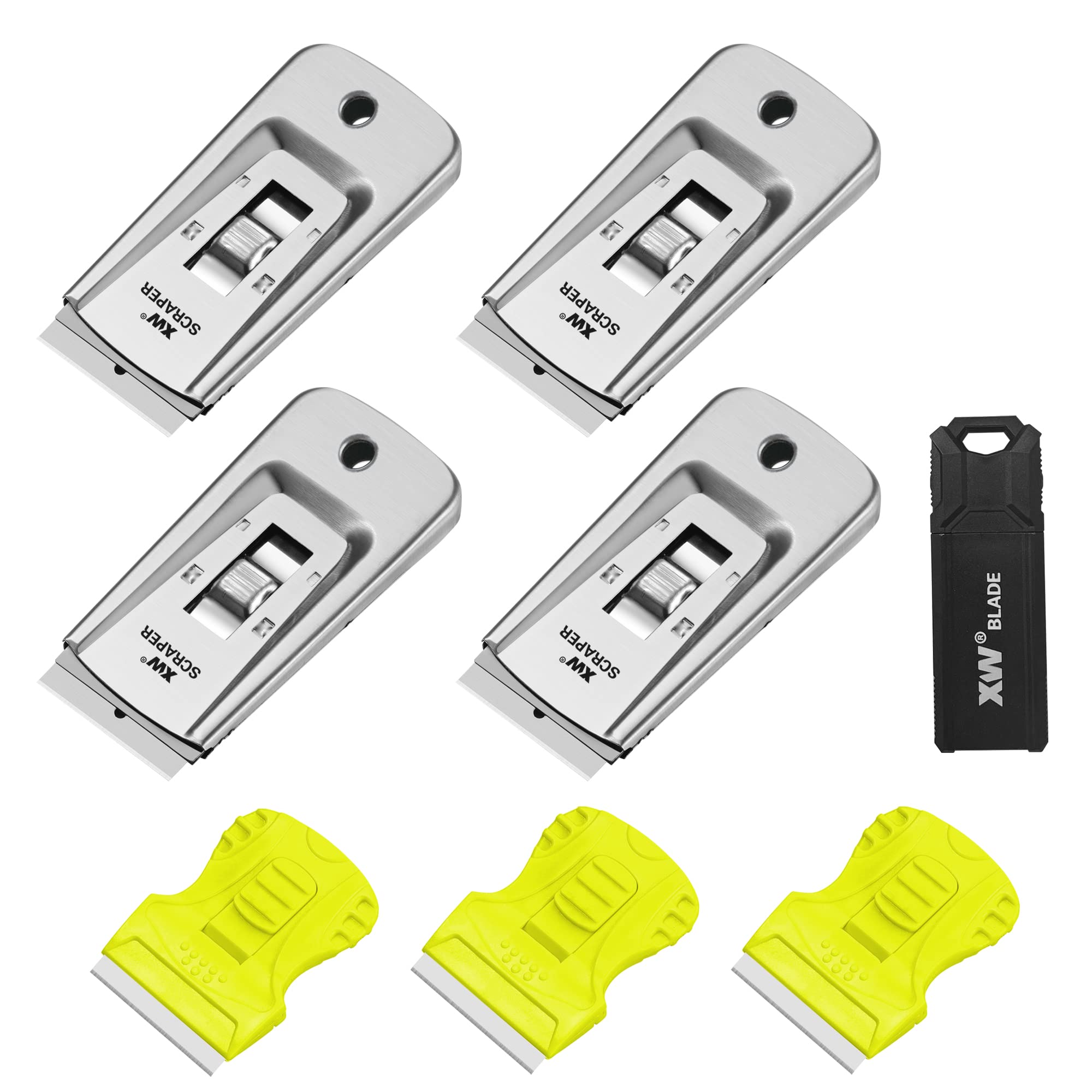 XW 7-Pack Razor Scraper Set, 4 PCS All-Metal Razor Blade Scrapers and 3 PCS Mini Plastic Scrapers, Extra 22 PCS Razor Blades Included