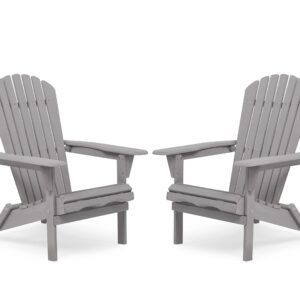 Fastroby Folding Adirondack Chair Set of 2 Solid Wood, 300 LBS Outdoor Patio Chairs Set of 2, Tall Comfortable Fire Pit Chair for Garden/Yard/Patio/Lawn, Grey