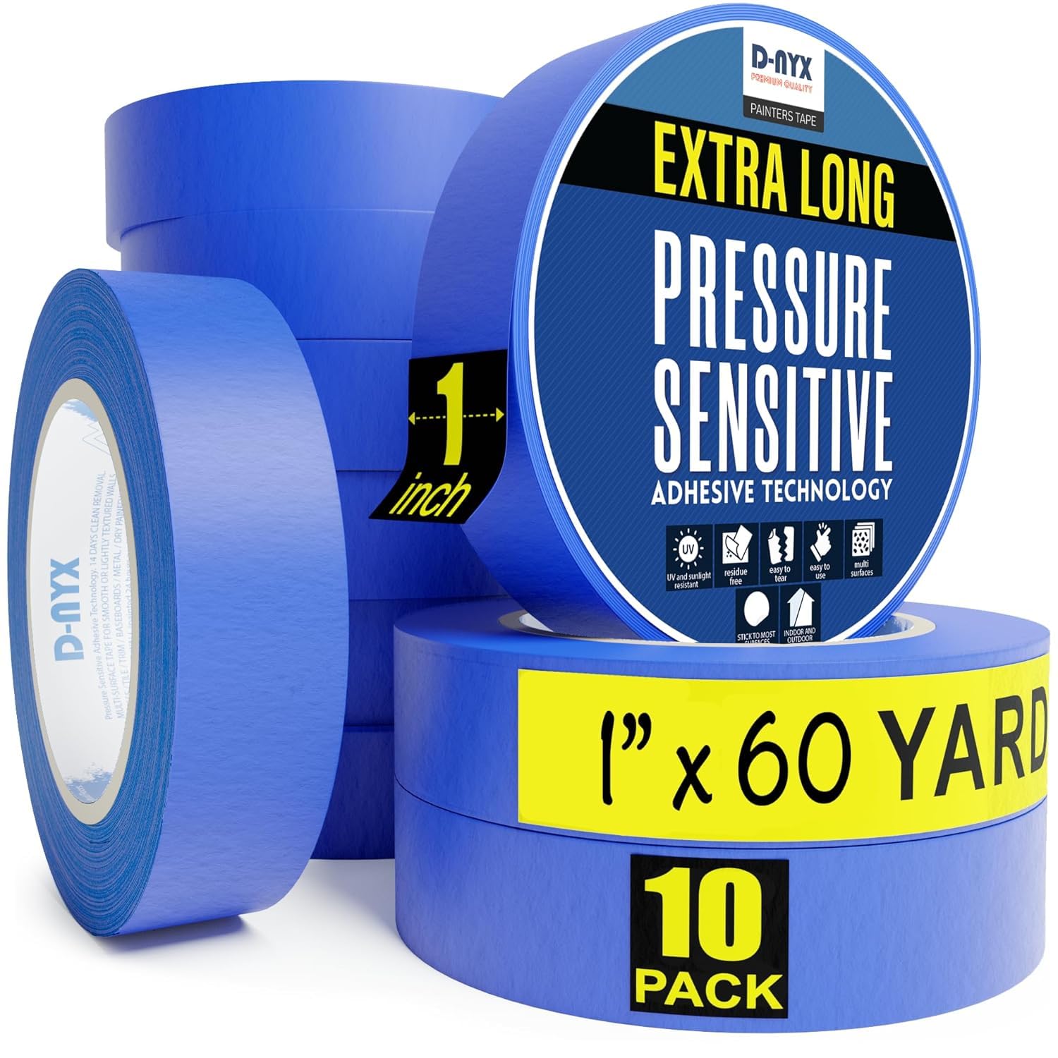 D-NYX Professional Painters Tape (60 Yards/Roll) Produces Sharp Lines | Blue Masking Tapes Residue-Free Multi-Surface Spray Paint Tape for Wall Renovation DIY Painting (1, 1 in x 60 yds)