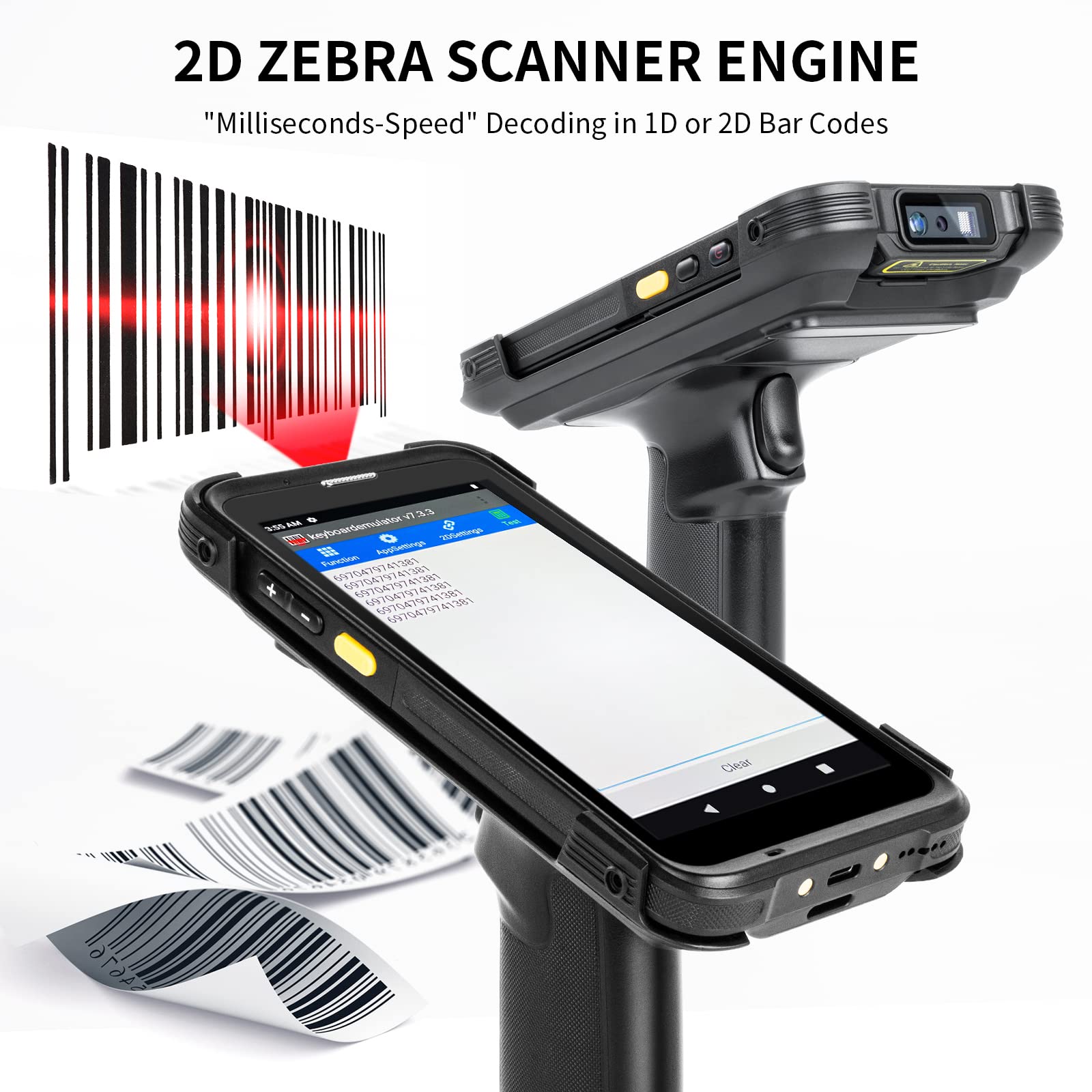 Posunitech Android 11 Barcode Scanner TA07 with Pistol Grip Rugged Data Terminal PDA with Case Handheld Mobile Computer with 1D/2D Zebra-SE4710 Reader Wi-Fi 6 Bluetooth 4G NFC for Warehouse, Retail