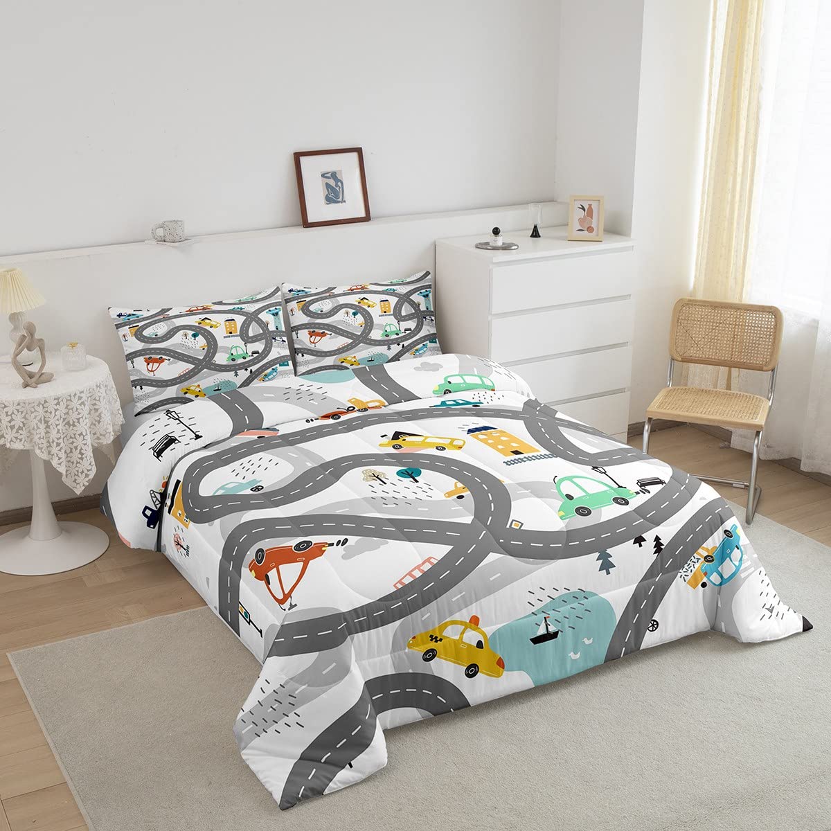 Cartoon Cars Comforter Set Twin, City Roads Bedding, Hand Drawn Cute Town Road Trees Bedding Comforter Sets, Teal Yellow Blue Retro Rustic Farmhouse Lake Bedroom Decor Down Comforter For Boys