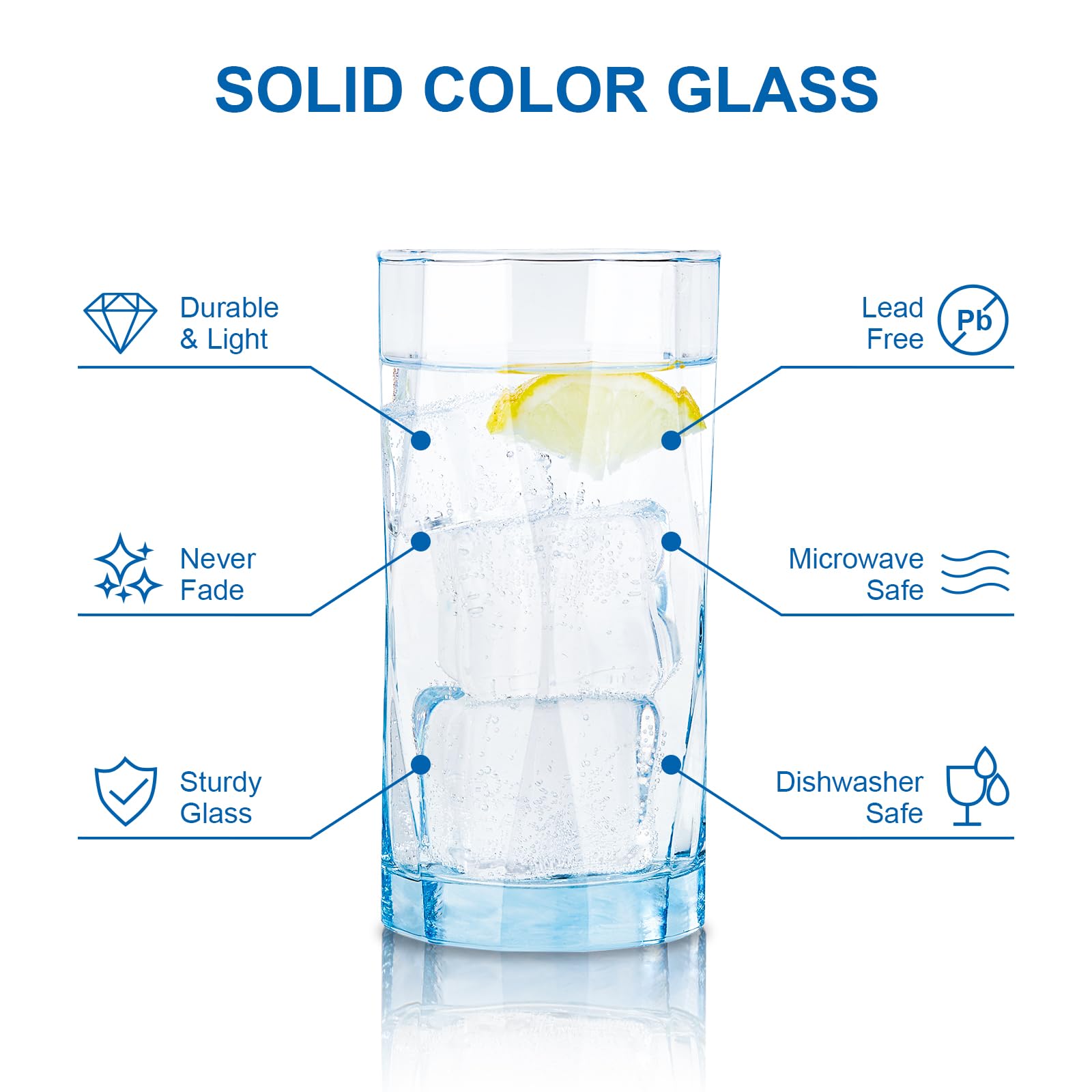 CREATIVELAND Geometric Shapes Glass Drinking Glasses Set of 6, 13.5 OZ Solid Blue Color Glass Tumbler Glassware for Water, Juice, Different Options for Home, Restaurant, Hotel, Bar