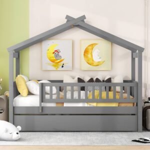 Twin House Bed with Trundle, Kids Twin Platform Bed Frame with Rails and Roof, Tent Bed, Wood Playhouse Bed Twin Montessori Bed for Kids Teens Girls & Boys, No Box Spring Needed (Gray)