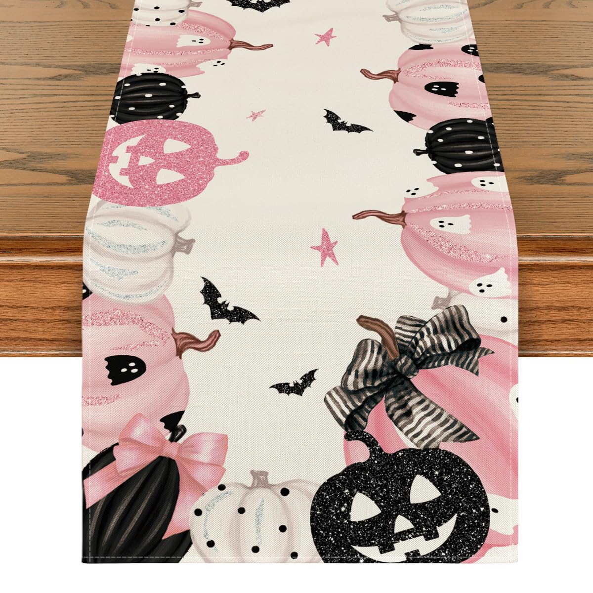 Artoid Mode Pink Jack-O-Lantern Pumpkin Bat Halloween Table Runner, Holiday Kitchen Dining Table Decoration for Indoor Outdoor Home Party Decor 13 x 72 Inch