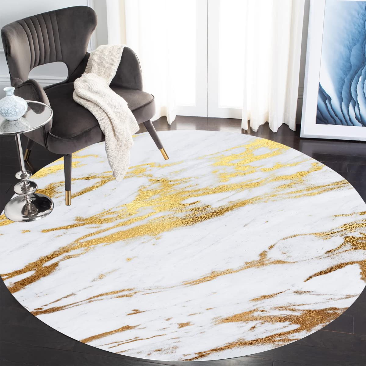 White and Gold Modern Abstract Round Area Rug for Livingroom Bedroom Diningroom Faux Wool Soft Aesthetic Circular Home Office Carpet 6ft Indoor No-Slip Floor Rug Doormat