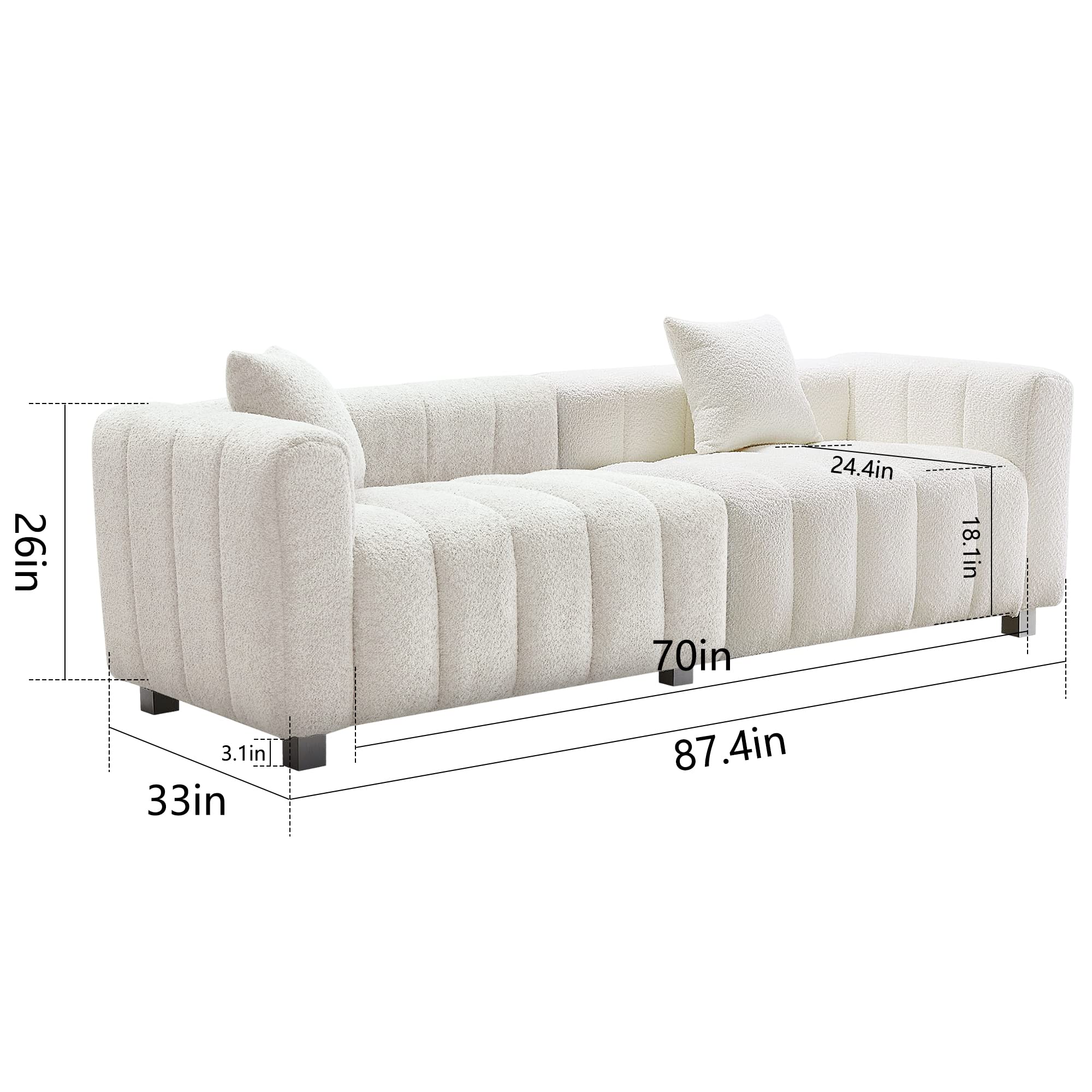 PEIHONGET 87.4" Mid-Century Sofa Couch, 3 Seater Sofa with Two Pillows, Upholstered Sofa Couch Tufted Teddy Fabric Solid Wood Fram and Legs for Living Room Bedroom Office(White)