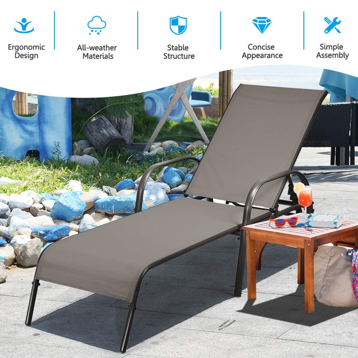 COSTWAY Outdoor Patio Lounge Chair Chaise Fabric Adjustable Reclining Armrest Pool Brown