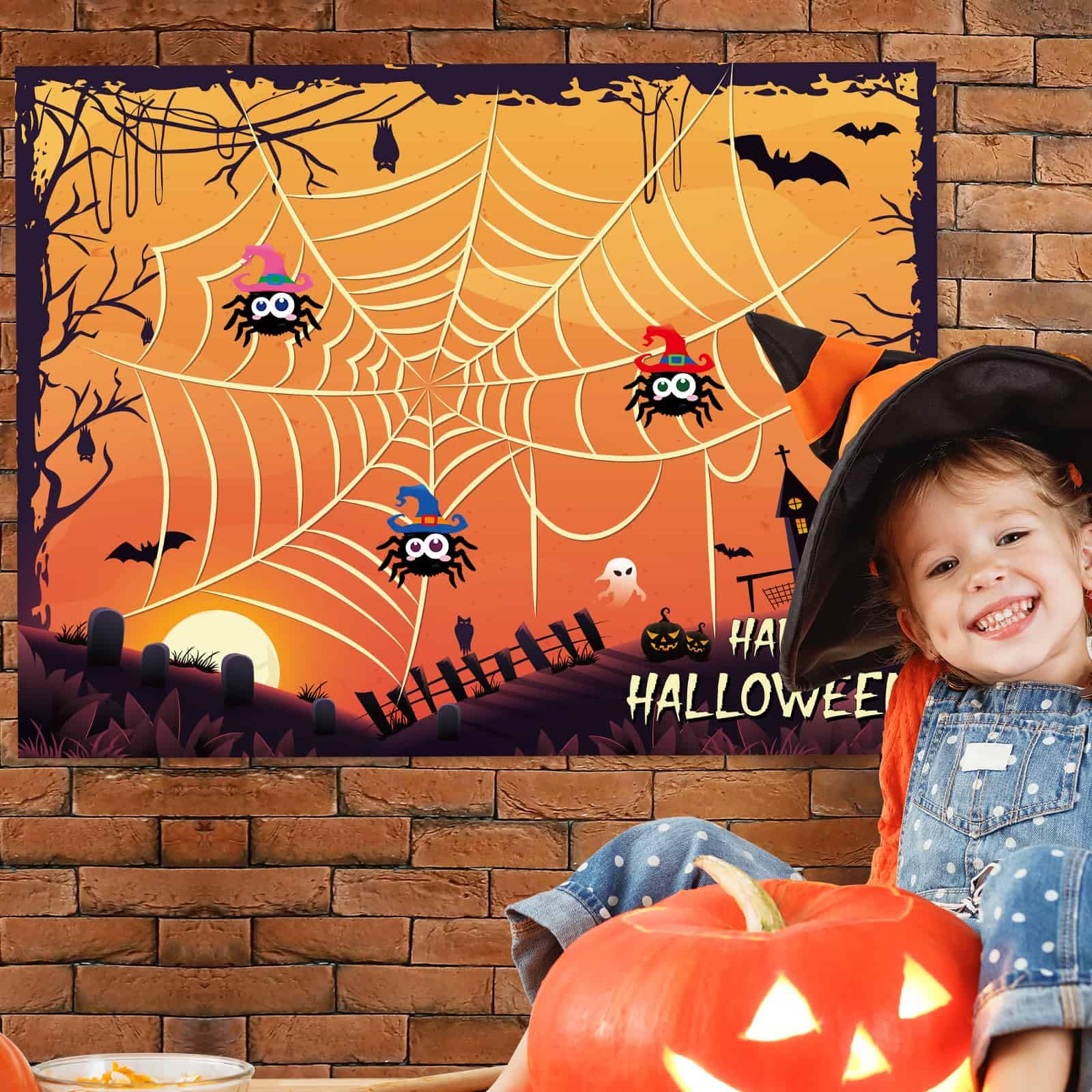 Pin The Spider on The Web - Halloween Party Games for Kids Halloween Game Boys Halloween Birthday Game Girls Pin Game with 24 PCS Stickers Blindfold Halloween Classroom Games