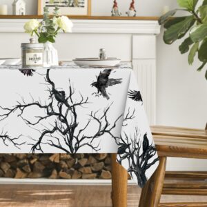 Horaldaily Halloween Tablecloth 60x84 Inch Rectangular, Crow Tree Washable Table Cover for Party Picnic Dinner Decor