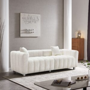 PEIHONGET 87.4" Mid-Century Sofa Couch, 3 Seater Sofa with Two Pillows, Upholstered Sofa Couch Tufted Teddy Fabric Solid Wood Fram and Legs for Living Room Bedroom Office(White)