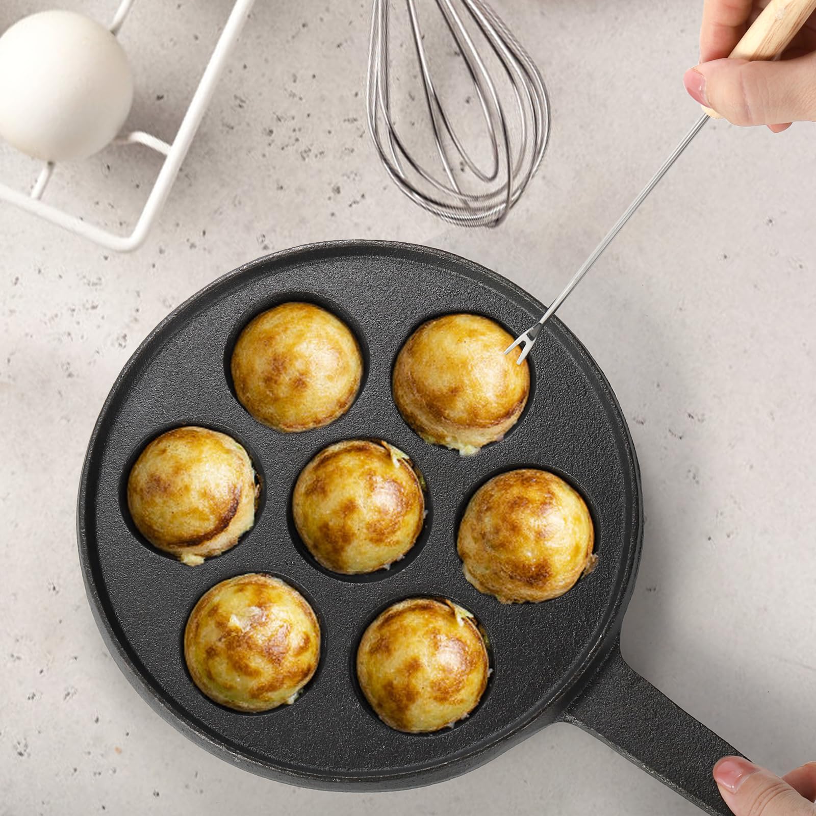 WUWEOT Cast Iron Aebleskiver Pan, 2" Poffertjes Danish Pancake Balls Griddle, 7 Hole NonStick Ebelskiver Pan, Half Sphere Takoyaki Maker with Turn Sticks and Brush for Baking Cooking