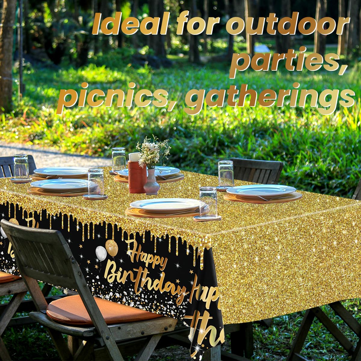 Happy Birthday Tablecloth,3pcs Black and Gold Table Cloths for Parties Glitter Birthday Decoration for Men’s 18th 21st 30th 40th 60th 70th Birthday Party Supplies