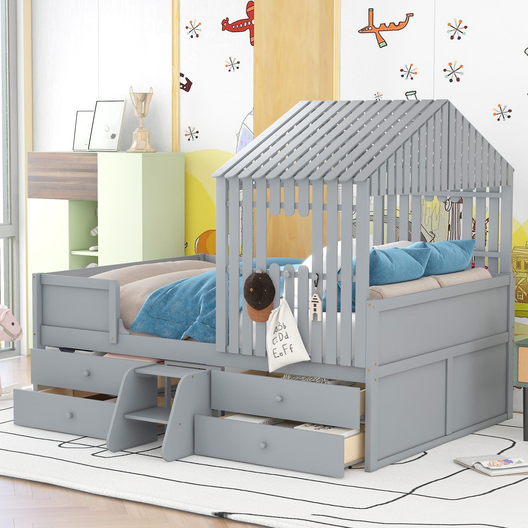 Full Size House Bed for Kids, Full Bed Frame with 4 Storage Drawers, Fences and Roof, Solid Wooden Low Loft Bed Full Platform Bed Frame for Kids Teens Girls & Boys (Full, Gray)