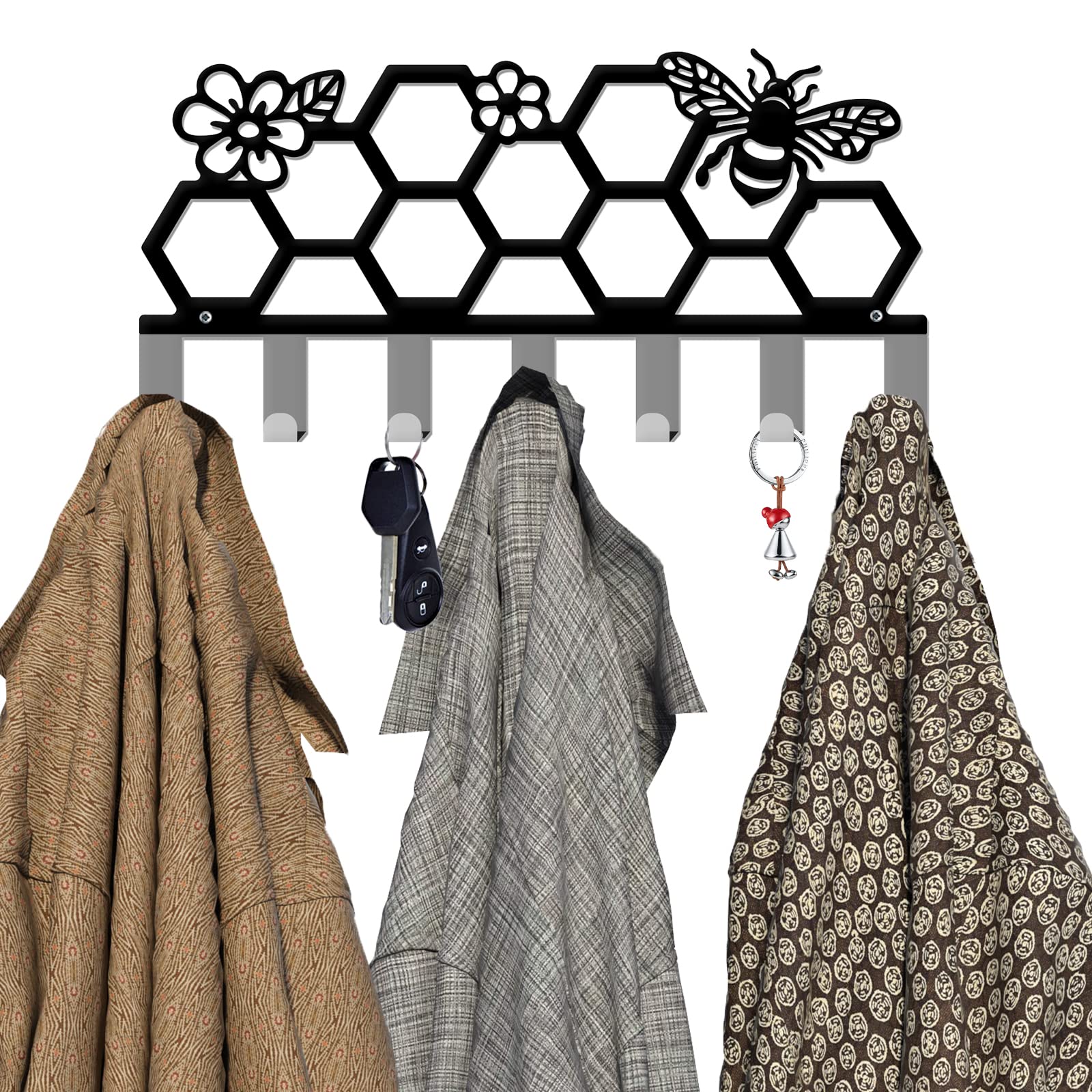 INFUNLY Key Holder for Wall Hive and Bees Pattern Wall Mounted Hooks Decorative Black Metal Organizer Rack with 7 Hooks for Bag Clothes Key Hanging Wall Decoration Bee with Honeycomb Art Wall Decor