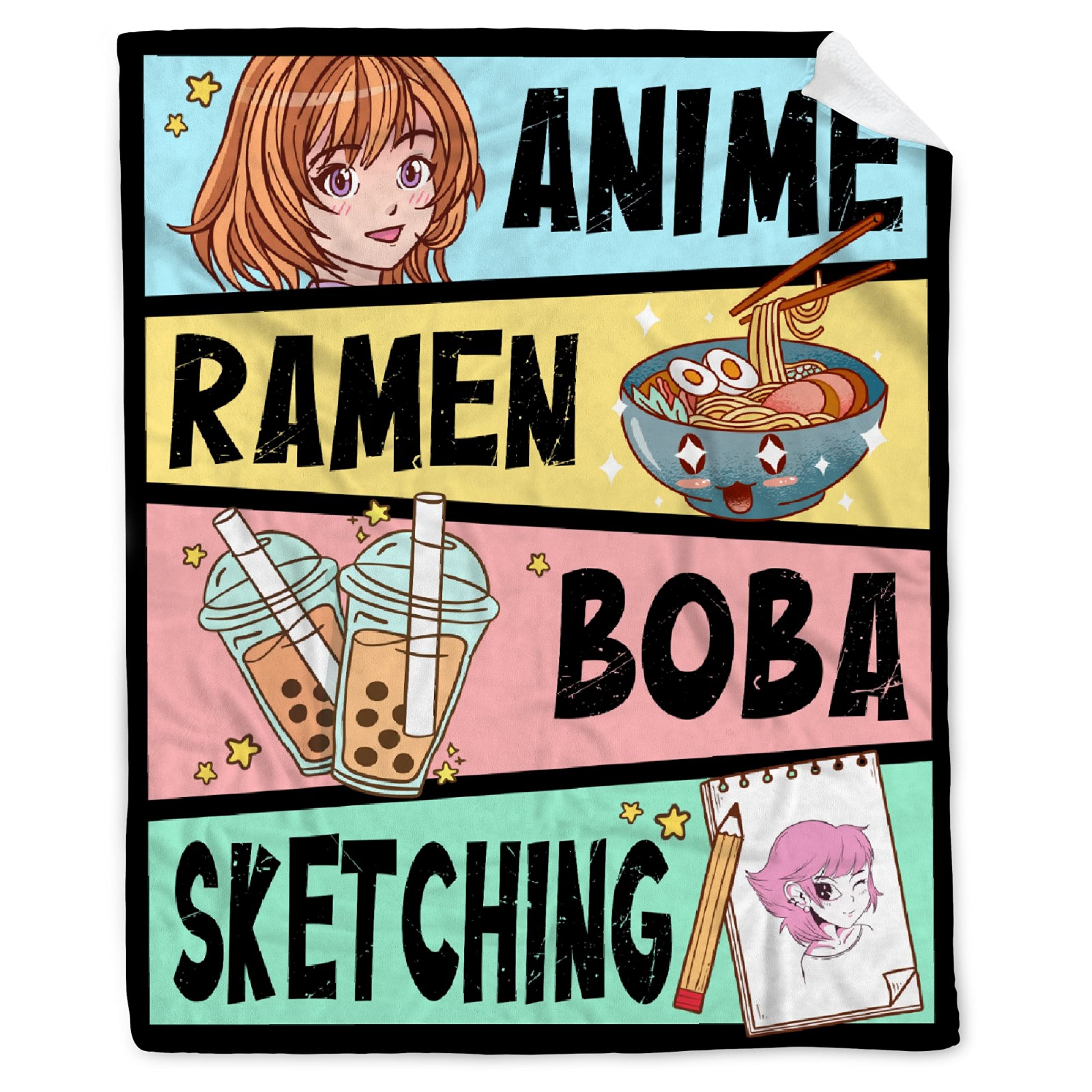 Anime Blanket Gifts for Girls Kawaii Anime Decor for Women Anime Ramen Boba Sketching Flannel Blanket Anime Lover Stuff, Luxurious Warm and Cozy for S 40X50 Inch for Kids/Child