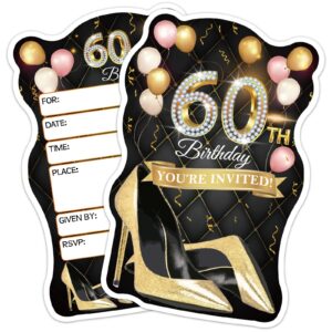 erhachaijia 20 pcs pink balloons & black golden high heels shaped fill-in invitations cards with envelopes, funny 60th birthday party happy 60 year old birthday invites for women lady wife mom adults