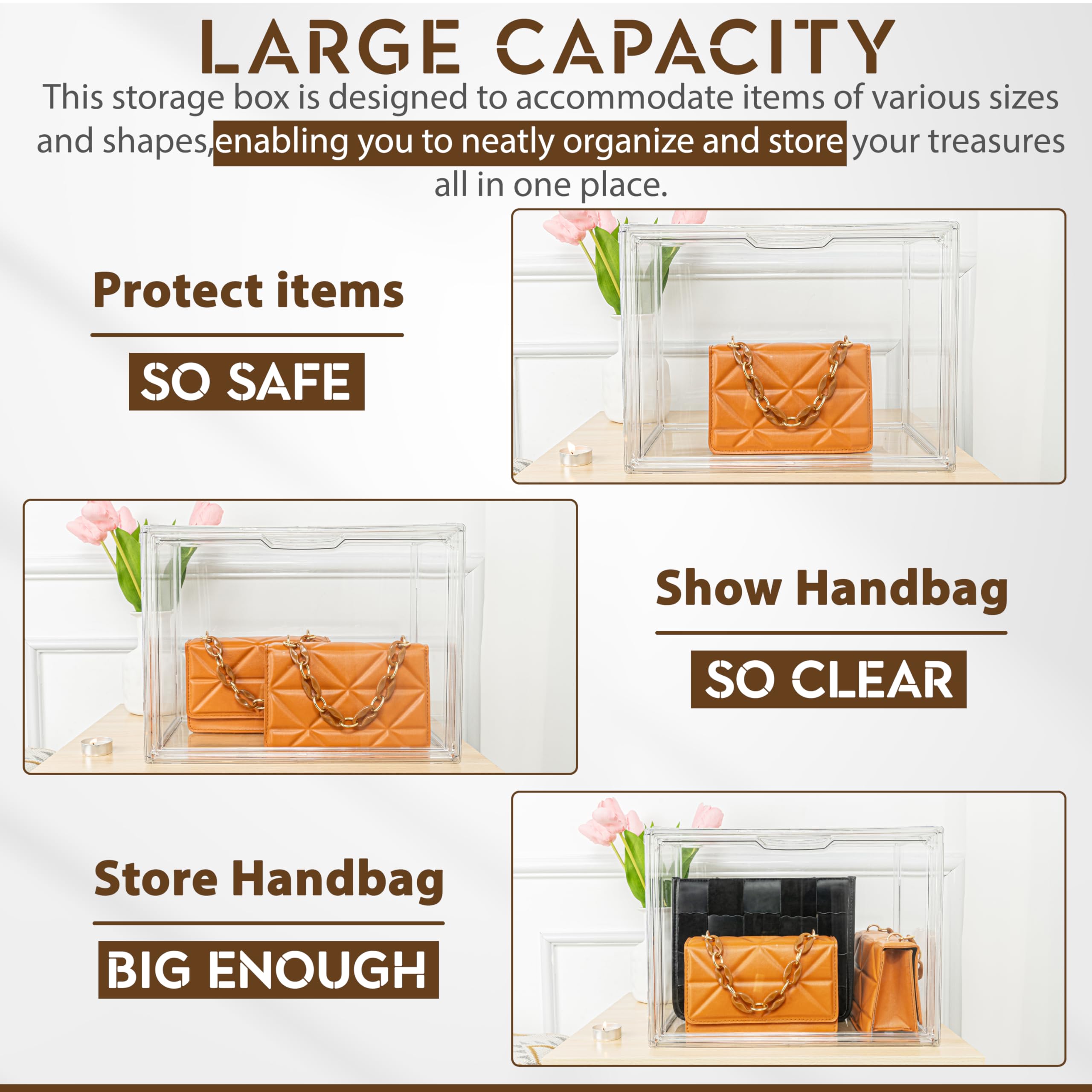 BagMania Clear Bag Box Storage Organizer 4Pack Stackable for Closet, Acrylic Magnetic Drop Down Door for Purse Handbag Shoes Wallet Books Clutch Toys