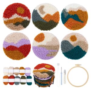 temlum punch needle coasters kit, punch needle embroidery kit for beginners and adults including patterns, tools, yarns, hoop, instruction, coaster holder coaster art craft supplies (landscape)