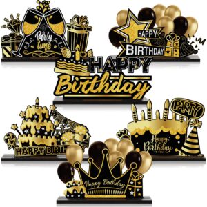 leinuosen 6 pieces black happy birthday table centerpiece wooden sign table topper birthday decoration booth props party supplies, 6 designs(gold)