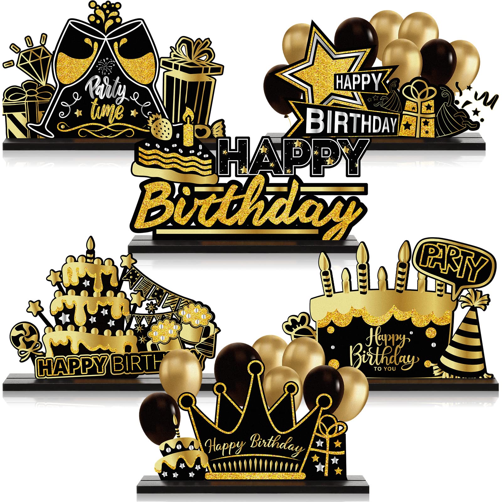 Leinuosen 6 Pieces Black Happy Birthday Table Centerpiece Wooden Sign Table Topper Birthday Decoration Booth Props Party Supplies, 6 Designs(Gold)