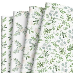 anydesign greenery wrapping paper watercolor green leaves gift wrap bulk eucalyptus art for wedding baby shower bridal spring diy crafts packing, 8 sheet, folded flat (a1767)