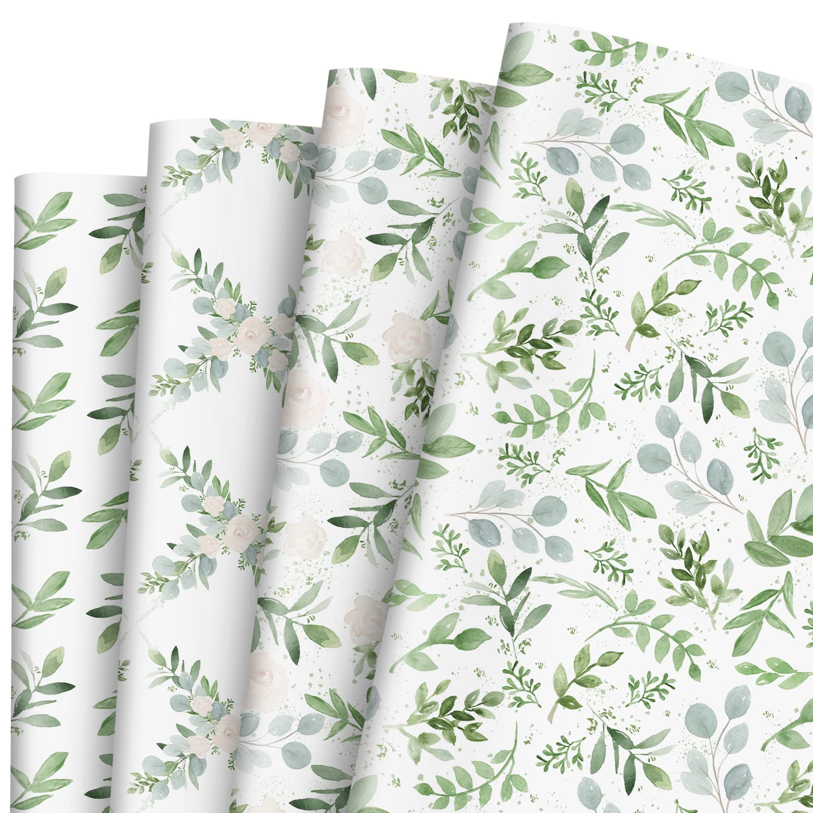 AnyDesign Greenery Wrapping Paper Watercolor Green Leaves Gift Wrap Bulk Eucalyptus Art for Wedding Baby Shower Bridal Spring DIY Crafts Packing, 8 Sheet, Folded Flat (A1767)