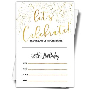 ystep 65th birthday party invitations, 20 invite cards with envelopes, 4" x 6" white and gold confetti birthday invites - c28