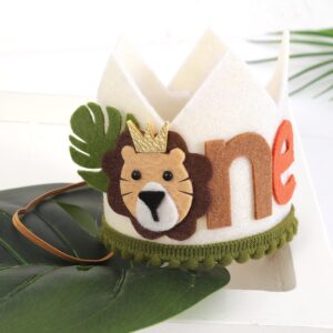 LINLULU Lion 1st Birthday Crown - Jungle Safari Wild One Birthday Hat Decoration for Boys