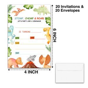 YSTEP Dinosaur Birthday Party Invitations, 20 Invite Cards with Envelopes, 4" x 6" Dino Birthday Invites - C18