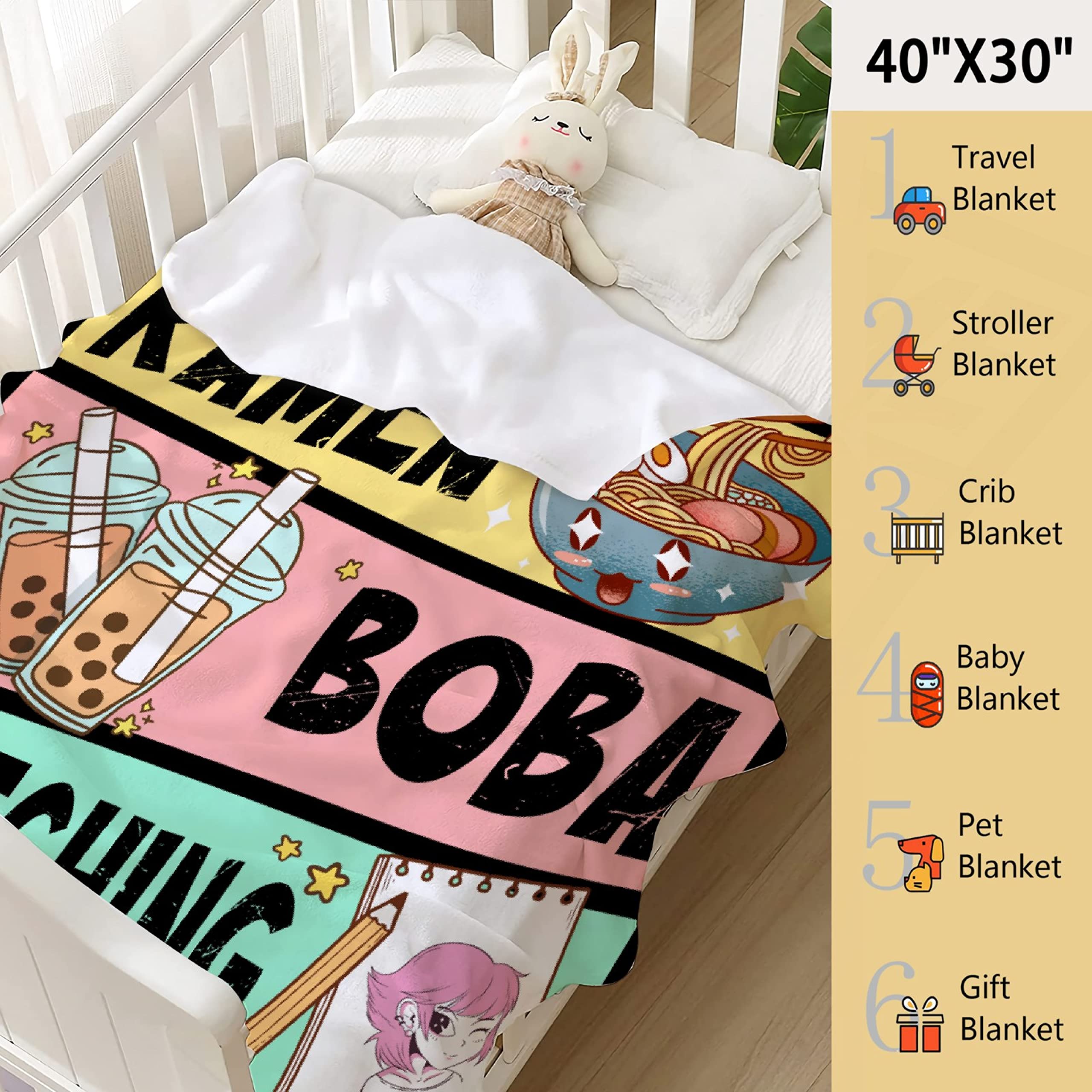 Anime Blanket Gifts for Girls Kawaii Anime Decor for Women Anime Ramen Boba Sketching Flannel Blanket Anime Lover Stuff, Luxurious Warm and Cozy for S 40X50 Inch for Kids/Child