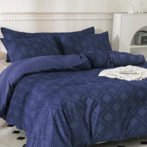 JELLYMONI Navy Blue Duvet Cover Queen Size - 3 PCS Microfiber Tufted Duvet Cover Set, Boho Textured Duvet Cover Jacquard Rhombus Geometric Pattern Duvet Cover with Corner Ties & Zipper Closure