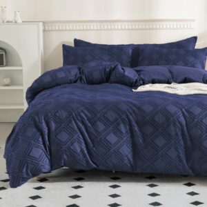 jellymoni navy blue duvet cover queen size - 3 pcs microfiber tufted duvet cover set, boho textured duvet cover jacquard rhombus geometric pattern duvet cover with corner ties & zipper closure