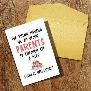 Qiliji Birthday Card for Son Daughter, Funny Birthday Card from Parents, Cheeky Bday Greeting Card for Kids, Having Us As Your Parents Is Enough Of A Gift