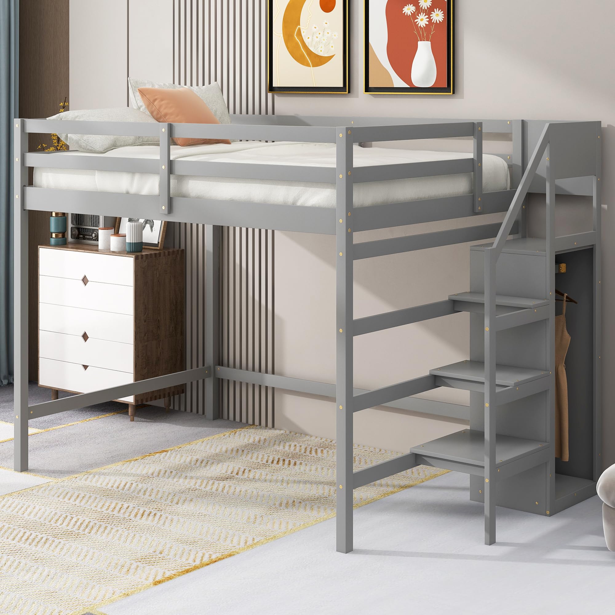 Harper & Bright Designs Full Loft Bed with Staircase and Storage Wardrobe, Wooden Full Size Loft Bed Frame with Storage Shelf, High Full Loft Beds for Kids Boys Girls Teens Dorm Bedroom (Full, Gray)