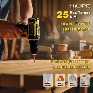 HILIPE Drill Set,12V Cordless Drill with Battery and Charger, Home Electric Power Drill Cordless, 3/8-Inch Keyless Chuck, 2 Variable Speed, 18+1 Position, LED Light and 15pcs Accessories