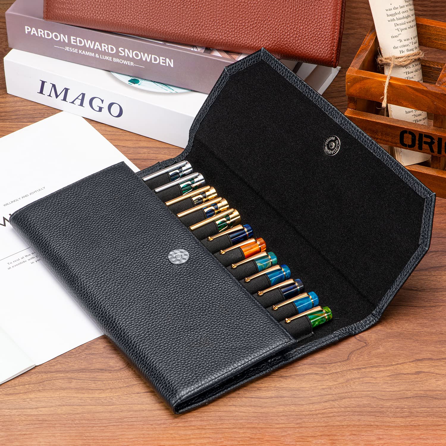 Lanxivi 12 Black Genuine Leather Fountain Pen Case Organizer Bag Portfolio, Protective Sleeve Cover Pen Holder with Divider Slot for Rollerball Pen, Pencil Collection