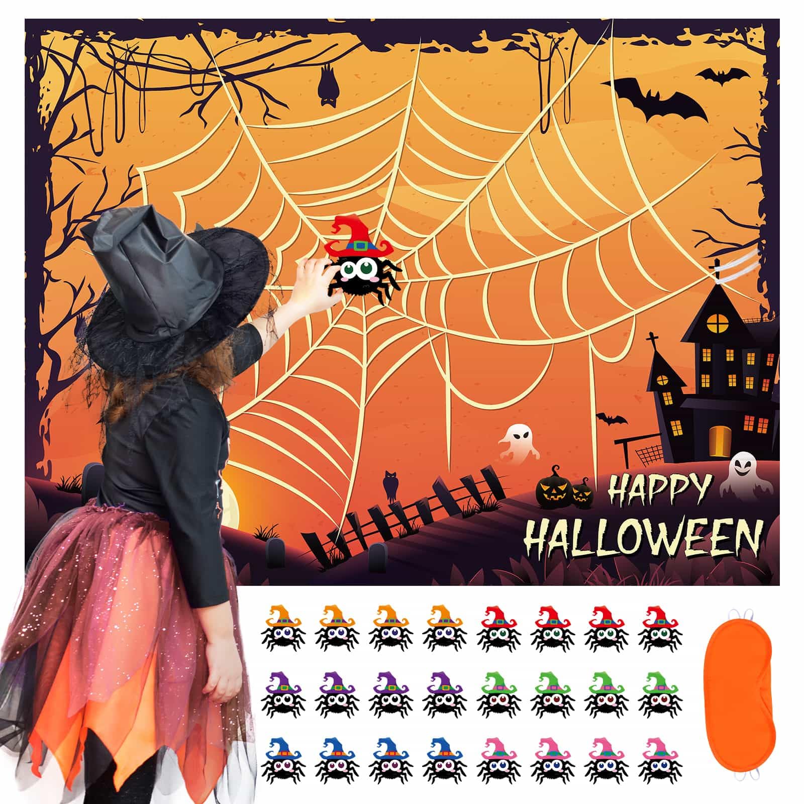 Pin The Spider on The Web - Halloween Party Games for Kids Halloween Game Boys Halloween Birthday Game Girls Pin Game with 24 PCS Stickers Blindfold Halloween Classroom Games