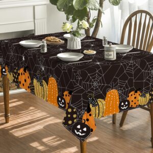 Horaldaily Halloween Tablecloth 60x84 Inch Rectangular, Jack-O-Lantern Pumpkin Cobweb Scary Themed Black Washable Table Cover for Party Picnic Dinner Decor