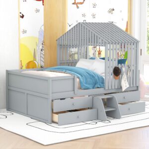 Full Size House Bed for Kids, Full Bed Frame with 4 Storage Drawers, Fences and Roof, Solid Wooden Low Loft Bed Full Platform Bed Frame for Kids Teens Girls & Boys (Full, Gray)