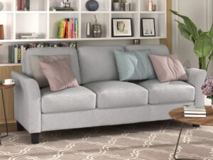 harper&bright designs 3-seat sofa living room linen fabric sofa upholstered sofa with cushion back (light gray)