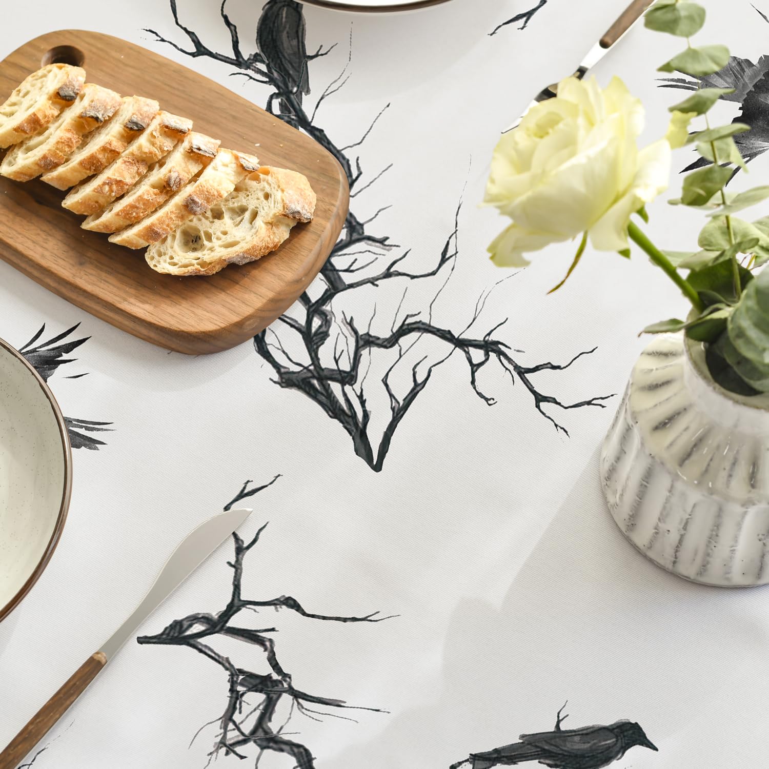 Horaldaily Halloween Tablecloth 60x84 Inch Rectangular, Crow Tree Washable Table Cover for Party Picnic Dinner Decor