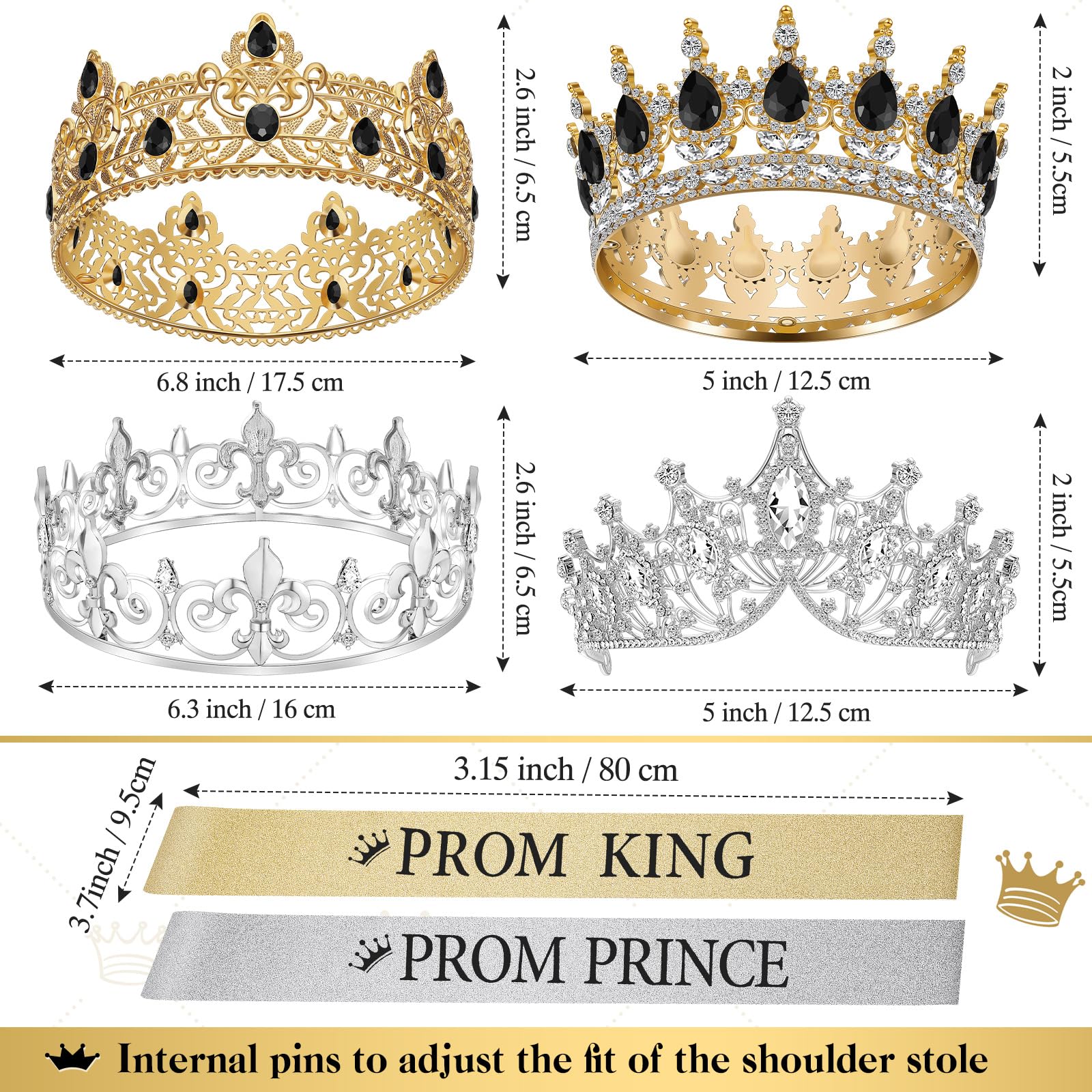 Hinly 8 Pcs Homecoming Prom Tiara Sash Set Prom King and Queen Crown Tiara Princess's and Prince's Royal Crowns Shiny Satin Sash for Homecoming Party Cosplay Favors(Exquisite)