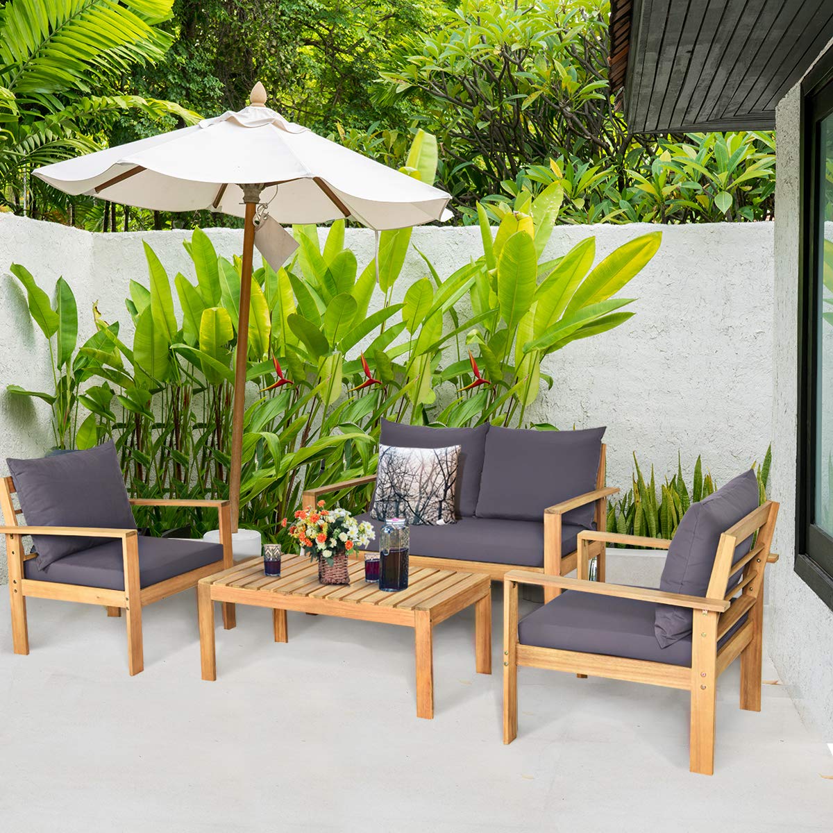 COSTWAY 4 Pieces Outdoor Acacia Wood Sofa Set, Outdoor Conversation Sofa Set with Table & Cushions Porch Chairs for Garden, Patio, Deck